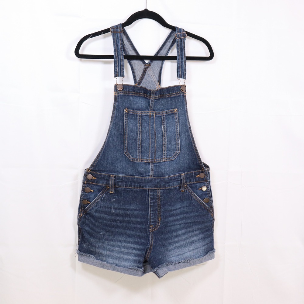 No Boundaries Denim Short Overalls L‎ Blue Juniors Relaxed Fit Distressed